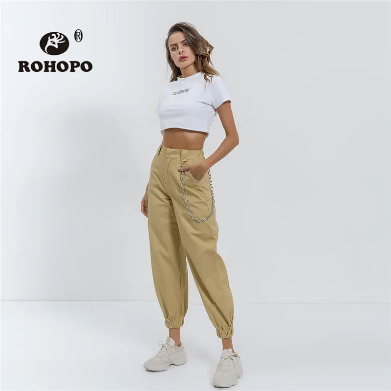 

ROHOPO Women Cotton Fabric Harem Pant Metal Chain Elastic High Waist Cuff Chic Full Length Pants Solid Pockets Hip Hop Troussers