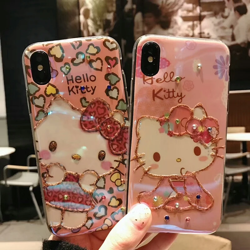 

For iPhone X Diamond Cute Hello Kitty Blu Ray Phone Case For iPhone 6 6S Plus Soft TPU KT Cat Back Cover for iPhone 7 8 Plus