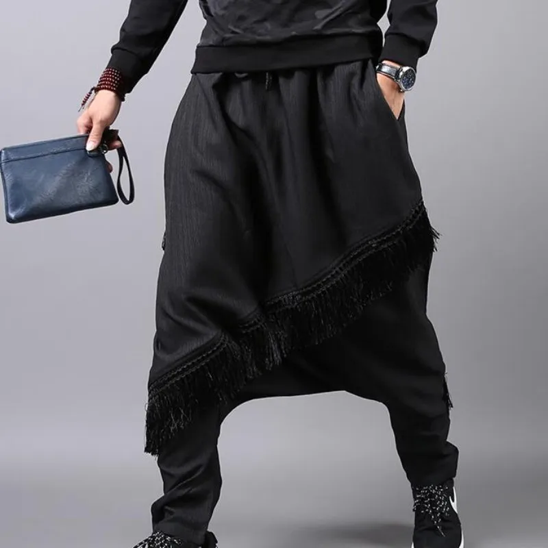 Индивидуальные мужские штаны Свободные Харадзюку Гаремные с низкой проймой брюки удобные хлопковые длинные дизайнерские брюки с кисточками для мужчин