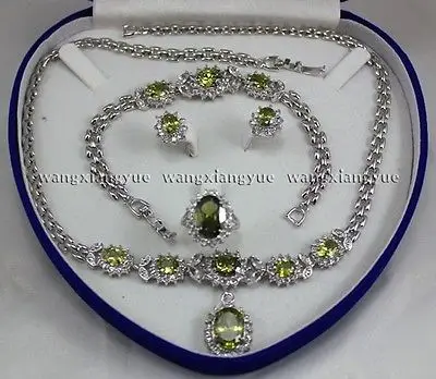 

Charming!Peridot Inlay Link Bracelet earrings Ring Necklace Set AAA style 100% Natural jade Noble Fine jewe