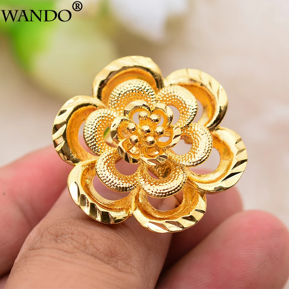 

Wando Classic Gold Color Rings For Women/Girl Arab/Dubai/Ethiopian Jewelry Big Flower Ring Gifts Free size (32mm width)R54