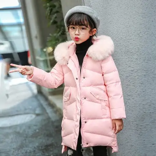 

-30 Degree Winter Girl Duck Down Jacket Children Fur Collar Thick Hooded Long Outerwears Parkas Teen Girls Winter Warm Clothes