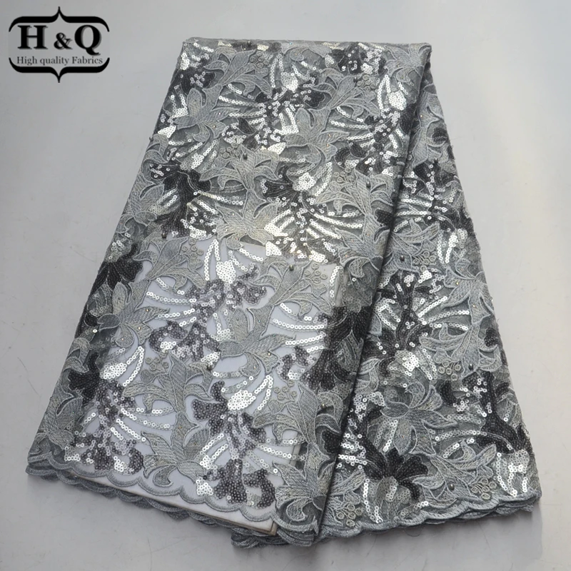 

Silver African Lace Fabrics Hot Desig Nigeria Sequins Lace Fabric French Embroider Lace Beads With Stone For High-End Party Dres