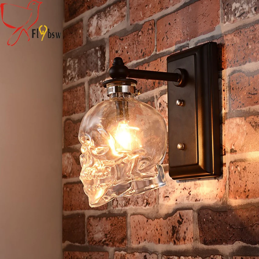 Креативный Лофт человеческий череп кости настенный светильник, E14 Череп Призрак прозрачное стекло настенные бра для бара ресторана деко настенный светильник