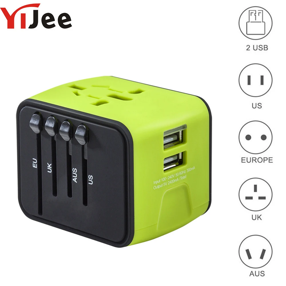 

YiJee Universal Travel Adapter All-in-one International Travel Charger with 2.4A Dual USB Wall Charger for US, UK ,EU, AU
