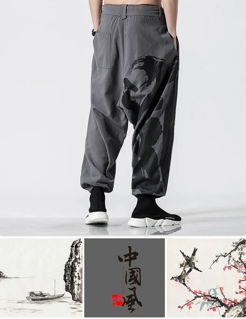 Личность мешковатые хлопковые льняные шаровары брюки Для мужчин широкие брюки сцены Повседневное тай-чи брюки кросс-брюки 4XL 5XL