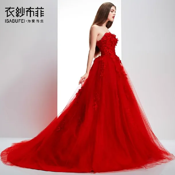 Rental Buffi New Europe Wind Cloth Yarn Neon Red Wedding Dress
