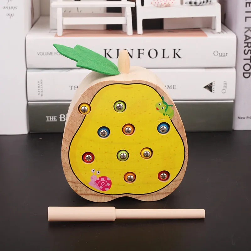 Logwood деревянная игрушка для малышей обучающая и развивающая игрушка ловля насекомых игра Яблоко Груша помидор Клубника Фрукты подсчет математическая игрушка - Цвет: Pear