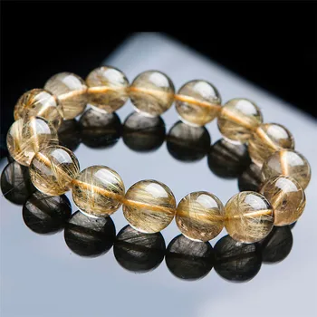 

Genuine Golden Yellow Natural Rutilated Quartz Bracelet 16mm Big Stretch Round Crystal Bead Bracelet Drop Shipping