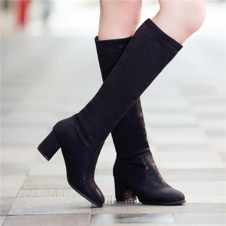 

Big Size 11 12 13 14 15 16 Ladies' fashion boots with high, pointed toes and knee-length printed heels
