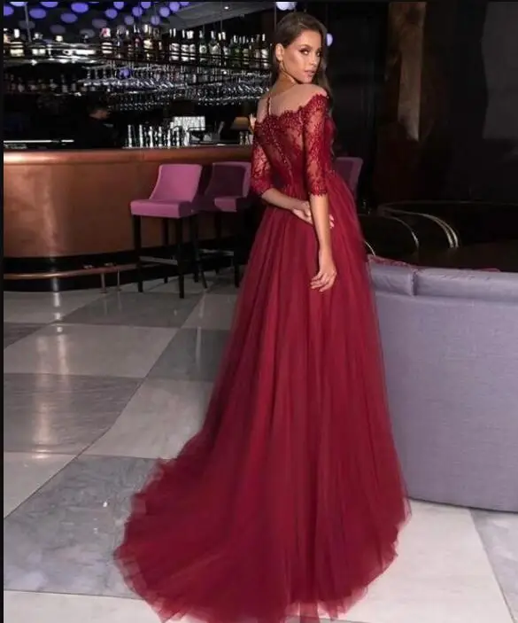 Robe de soiree Новое скромное ТРАПЕЦИЕВИДНОЕ Бордовое платье для выпускного с кружевной аппликацией с рукавом 3/4 бисером торжественные платья для выпускного