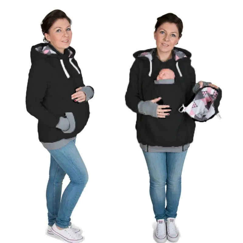 Maternity MultiFunctional Geometric Pattern Baby Hoodie Winter Mother Pregnant Women Kangaroo Sweater Pullovers Tops Clothes