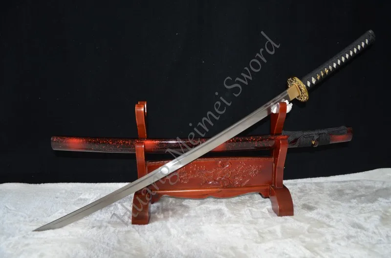 

41" HANDMADE 1060 HIGH CARBON STEEL FULL TANG BLADE JAPANESE SAMURAI SWORD KATANA RED BLACK SAYA waterweeds Tsuba