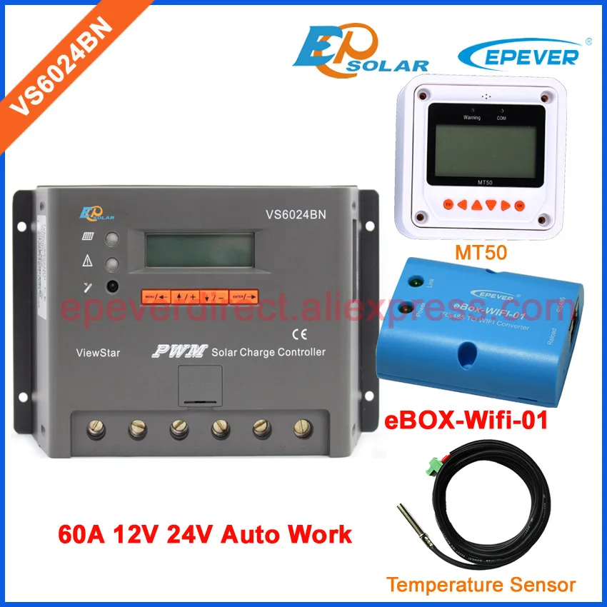 

eBOX-Wifi-01 PWM EPEVER Solar charger controller with wifi adapter Temperature sensor VS6024BN 60A MT50 remote meter 24V