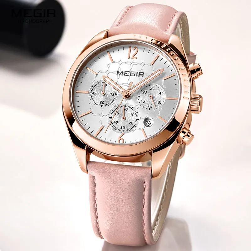Megir Women's Luxury Dress Watches Leather Chronograph Quartz Wrist Watch Woman Lady Relogios Clock Top Brand 3Bar 2115 Pink Megir Women's Luxury Dress Watches Leather Chronograph Quartz Wrist Watch Woman Lady Relogios Clock Top Brand 3Bar 2115 Pink