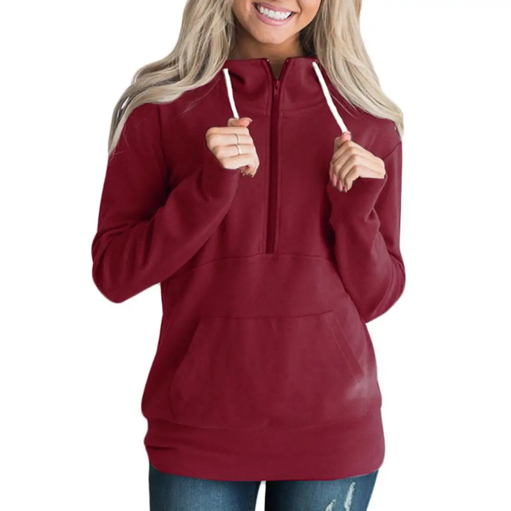 Women Zipper Hoodie Long Sleeve Solid Color Drawstring