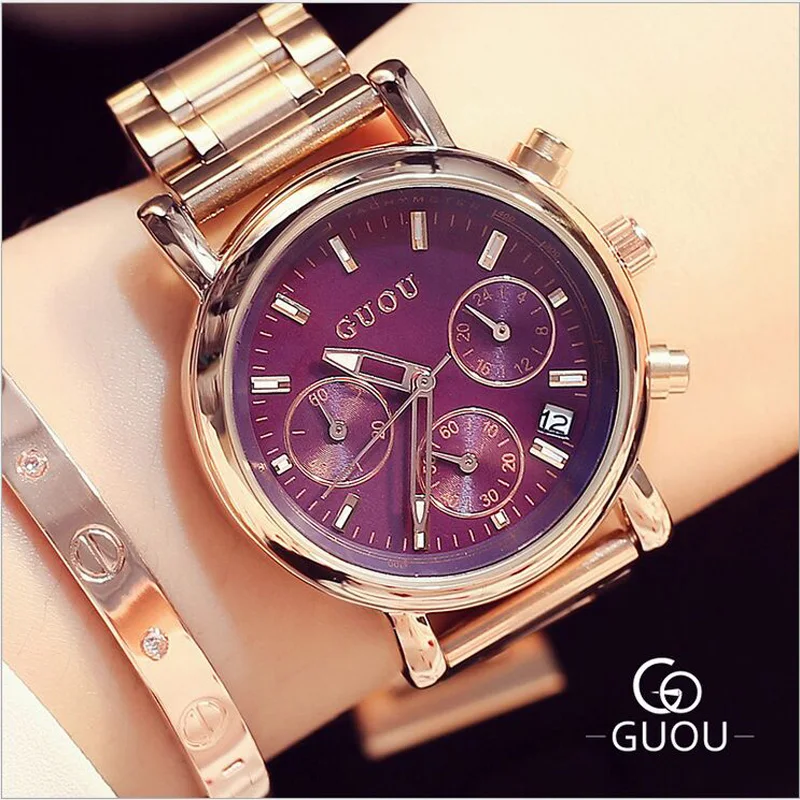 GUOU Women's Watches Fashion Rose Gold Fashion Ladies Wrist Watches For Women Watches Calendar Clock relogio feminino saat