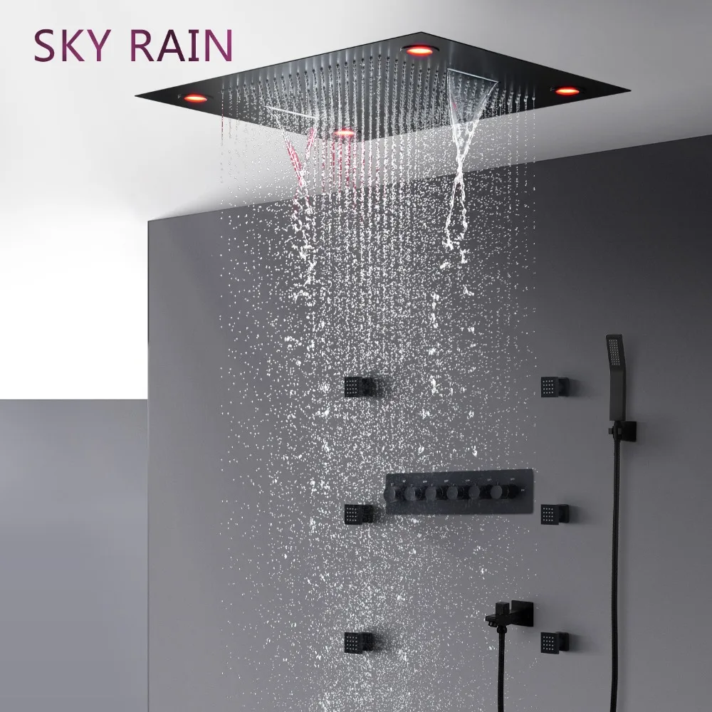 

SKY RAIN Bathroom Matte Black Luxury Shower Head High Flow Thermostatic Valve Multi Function SPA LED Shower Set