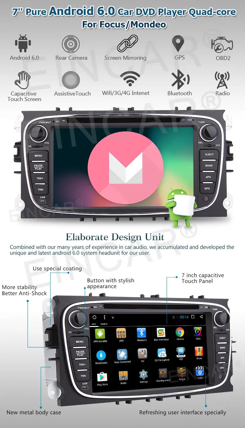 Excellent Android 6.0 Car DVD Player CANBUS GPS Navi Radio BT OBD2 for Ford Mondeo Focus 4