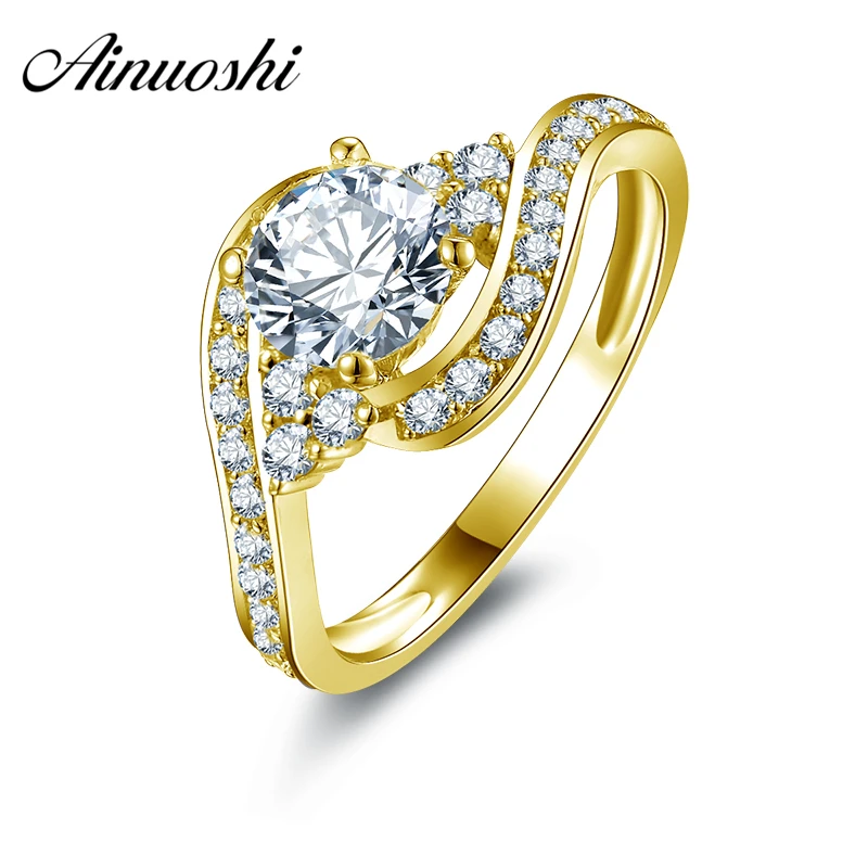 

AINUOSHI 10k Solid Yellow Gold Lovers Promise Ring Band with 0.8 ct Round Cut CZ for Women Wedding Twist Bague Gold Jewelry