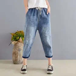 Джинсовые укороченные брюки женские летние большие размеры с эластичной резинкой на поясе вышитые повседневные брюки