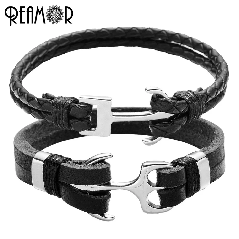 

REAMOR 316L Stainless Steel Male Cuff Bracelets Anchor Style Charms Bangles 20 cm Leather Braided Rope Unisex Trendy Bracelet