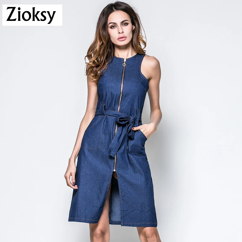 Женское джинсовое платье жилет Zioksy облегающее повседневное с разрезом на молнии