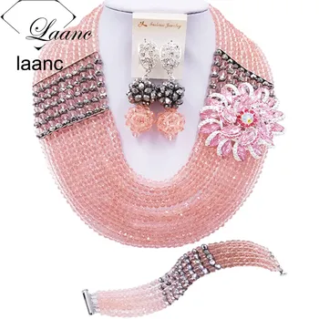 

Laanc Latest Peach and Silver African Beads Jewelry Set for Women Nigerian Wedding Necklace C22P036