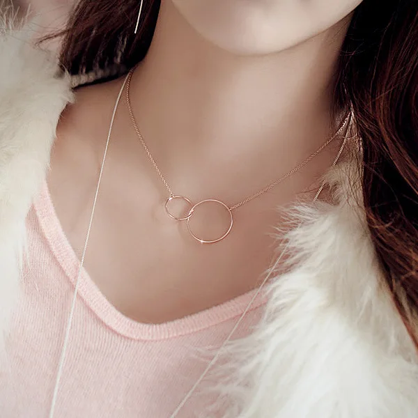 

New 925 Sterling Silver Two Circle Necklaces Pendant Fashion Sterling Silver Jewelry Statement for Women Bijoux