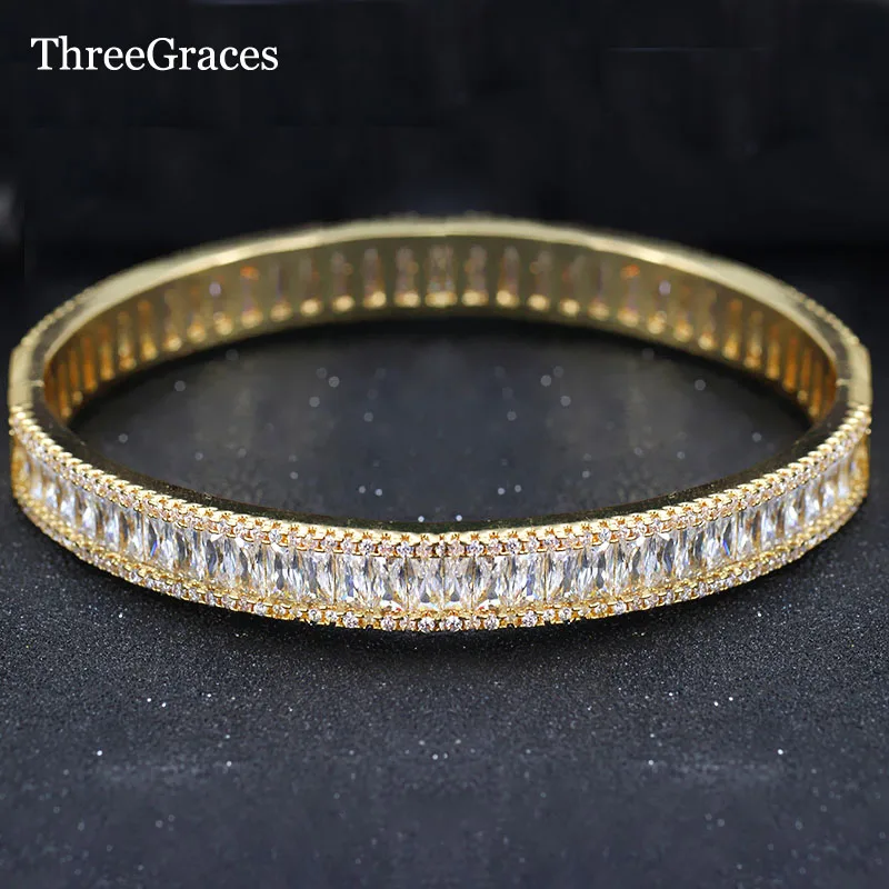 

ThreeGraces Royal Bridal Light Yellow Gold Color Pave Setting Princess Cut CZ Crystal Cuff Bangle Wedding Jewelry BA011