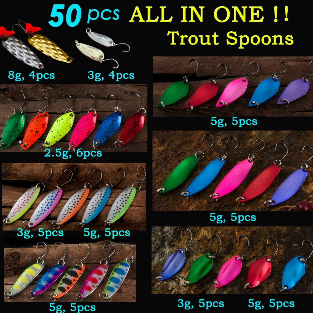 Prix pour Jerry 50 pcs leurre de pêche kit pour d'eau douce de pêche cuillère ensemble combo assortiment mini truite cuillère leurres Prix pour Jerry 50 pcs leurre de pêche kit pour d'eau douce de pêche cuillère ensemble combo assortiment mini truite cuillère leurres