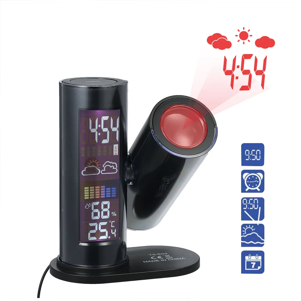 

LCD Projection Digital Thermometer Hygrometer 360 Degree Rotating Weather Station Clock Desk Bedside Temperature Humidity Meter
