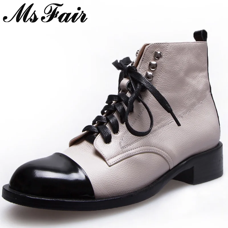 

MSFAIR Women Boots Genuine Leather Lace Up Low Heel Ankle Boots Women Shoes Round Toe Square heel Black Boot Shoes For Woman