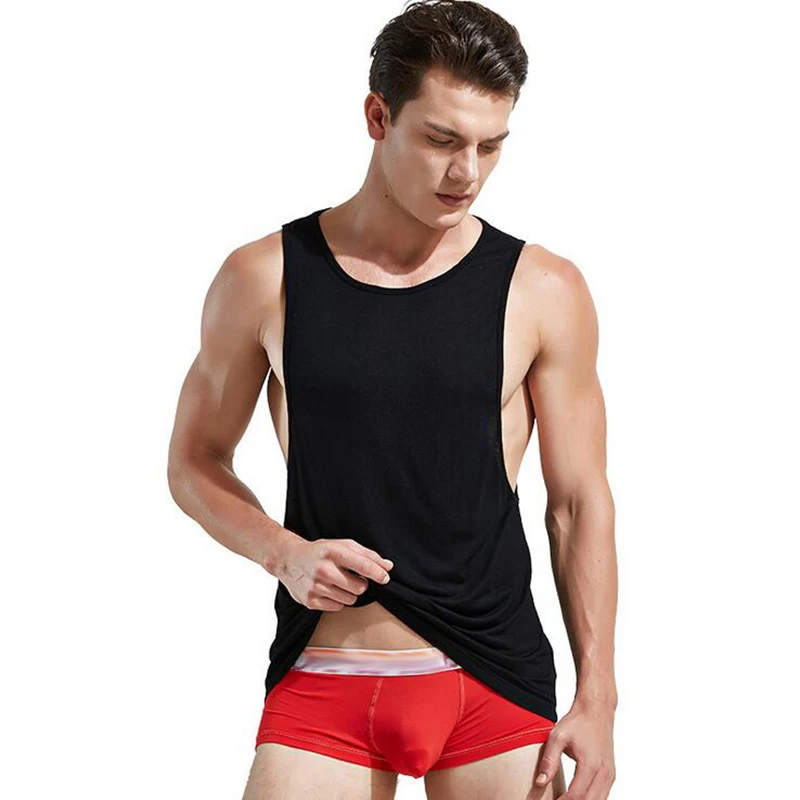 

KWAN.Z fashion male tank top men sexy clothing colete breathable low slits bodybuilding man's vest solid tank top men brand new