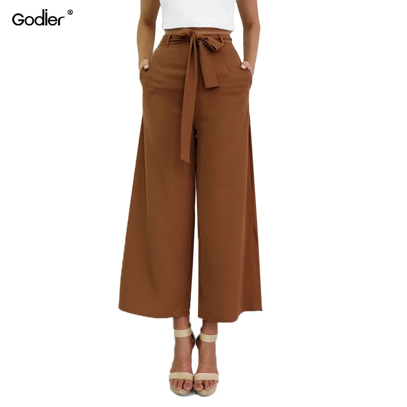 Godier Black Brown Chiffon Capris Women Mid Waist Straight Pants Bow Belt Elastic Waist With pockets Casual Trousers Jc0062 Godier Black Brown Chiffon Capris Women Mid Waist Straight Pants Bow Belt Elastic Waist With pockets Casual Trousers Jc0062