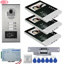 Residential Security Intercom 3 Monitors For Rfid Cards Unlock Video Door Phone +Electric Strike Lock Doorbell Video System Unit