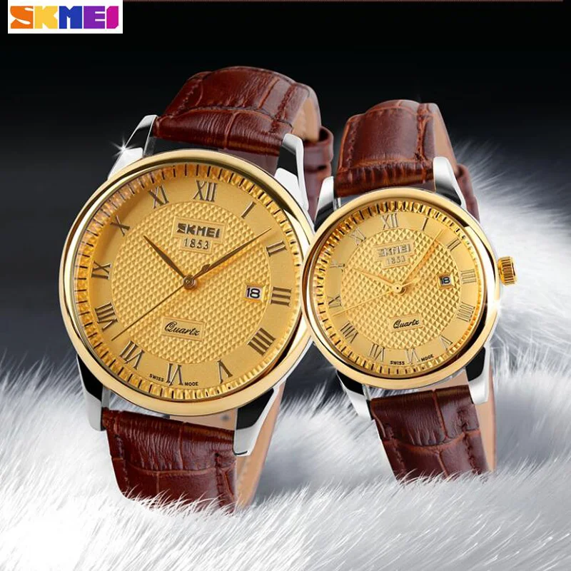 new-skmei-lover's-watches-luxury-brand-quartz-watch-for-men-women-fashion-casual-leather-dress-wristwatches-gold-black-2pcs