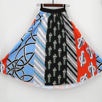 

MNOGCC Fashion Geometric Summer Patterns Character Pleated Skirt Waist Women Elastic Waist Spring Long Skirts Female Skirt