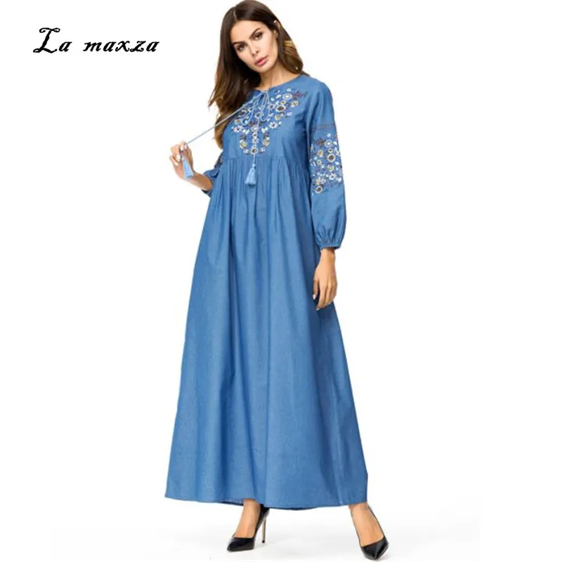 

Womens Modest Dress Abaya Maxi Dress Muslim Women Islamic Robe Embroidery Kaftan Dubai Muslim Dress