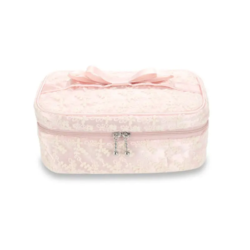 

Lace Embroidery Design Cosmetic Bags Women Daily Use Makeup Bags For Girls Fashion Bow-Knot Portable Female Zipper Cosmetics Bag