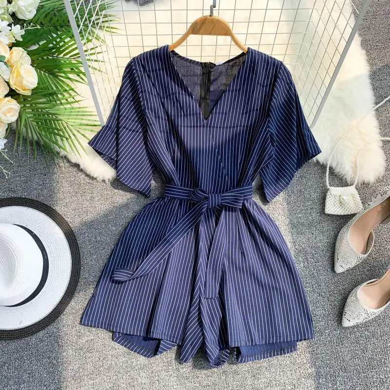 

Women's summer short sleeve deep v neck striped Playsuits Lady's high waist Wide leg shorts beach vacation Jumpsuits TB1141