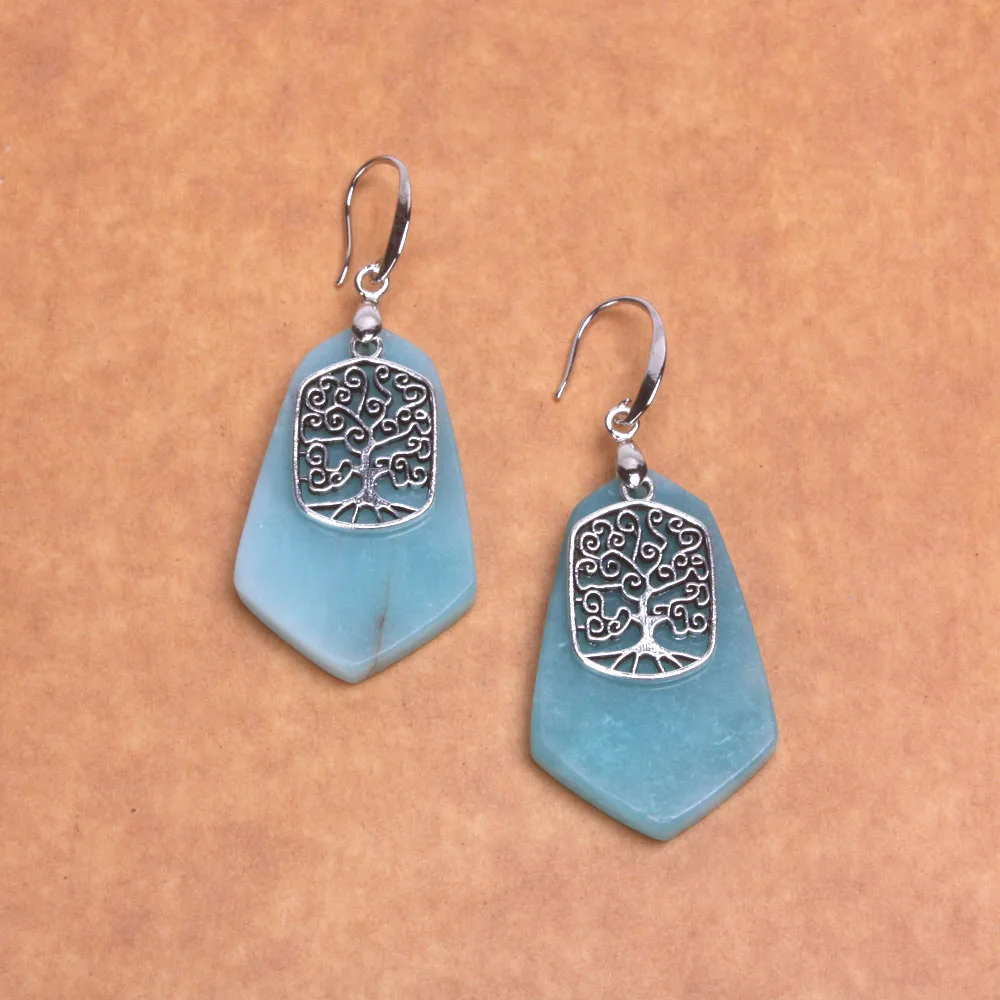 

New Designer Women Earring Fashion Jewellery Natural Stones Amazonite Tibetan silver tree Dangle Earrings Dropshipping