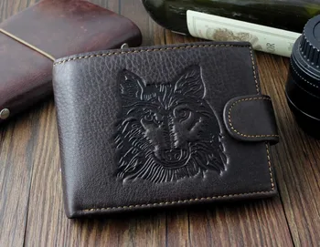 

Wolf Logo Mens Vintage Zipper Snap Genuine Leather Card Holder Coin Wallet Purse -High Quality