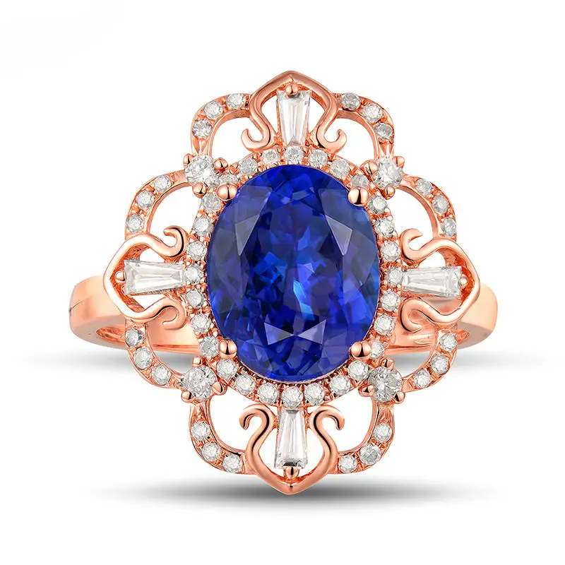 LOVERJEWELRY Luxury Blue Tanzanite Anniversary Loving Ring Solid 18K Rose Gold Diamond Fine Jewelry For Women Birthday Best Gift