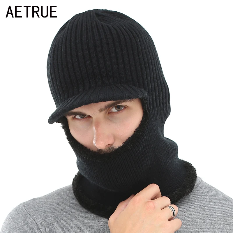 

AETRUE Knitted Hat Men Women Winter Hat Mask Balaclava Scarf Skullies Beanies For Men Warm Soft Fur Wool Bonnet Cap Hats 2019