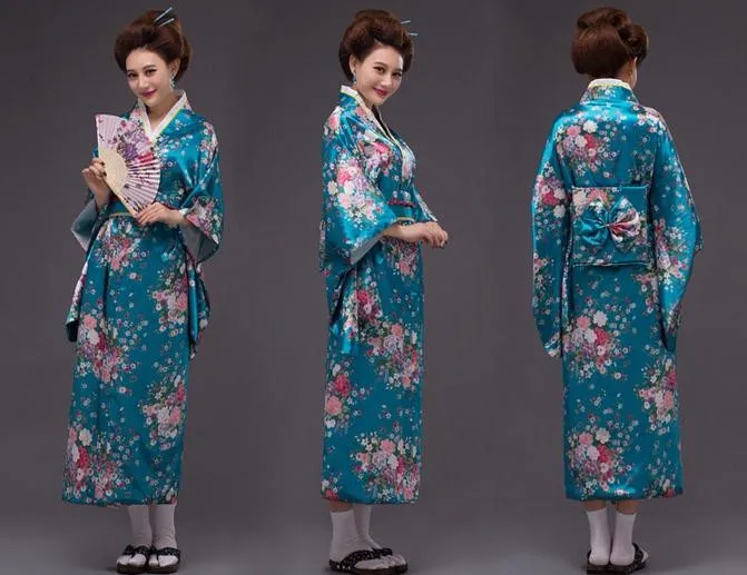 Новое синее японское традиционное юката шелковое кимоно из вискозы с Obi винтажное вечернее платье костюм для косплея Цветок Один размер JK051