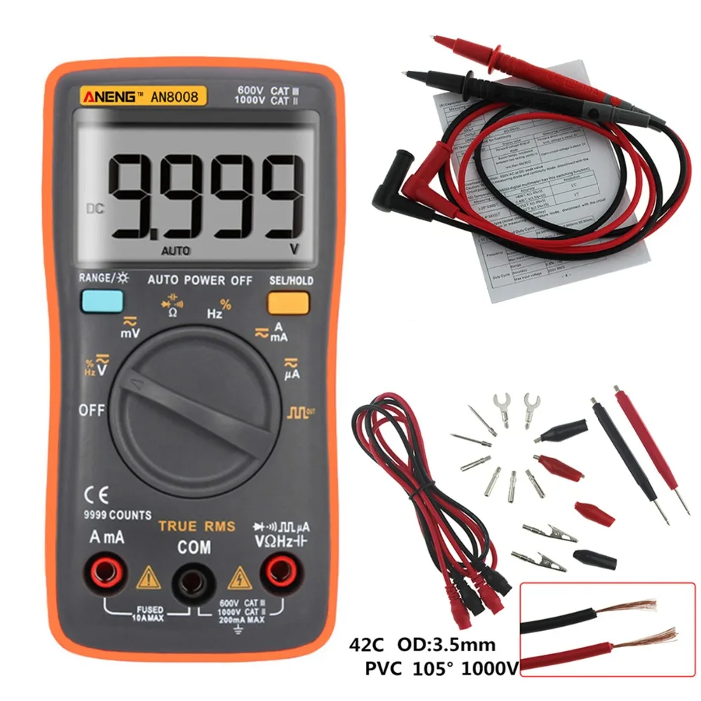 AN8008 True RMS lcd Цифровой мультиметр 9999 отсчетов квадратная волна AC DC Напряжение Амперметр Ток Ом Авто/ручная подсветка