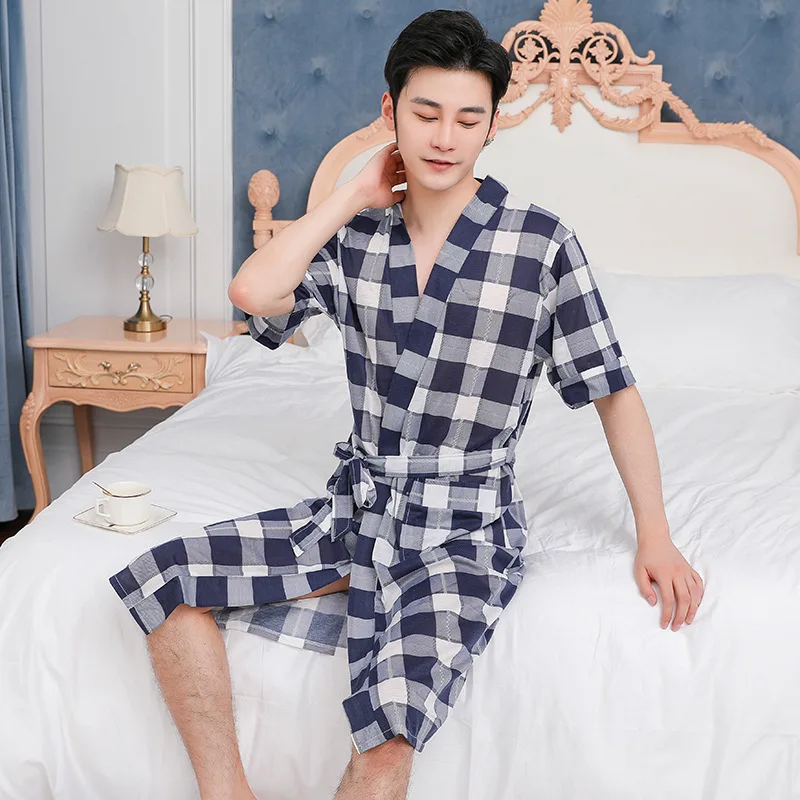 Мужской хлопковый Халат летняя Пижама клетчатая одежда для сна с коротким рукавом плюс размер 3XL Домашняя одежда японское кимоно халат одежда юката