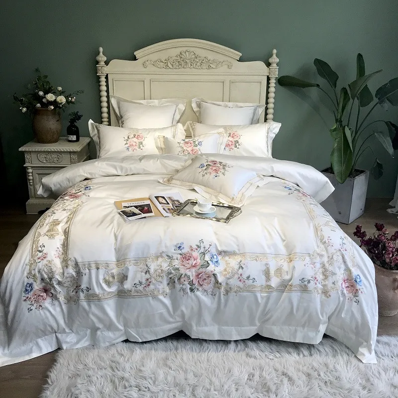 Cotton Floral Embroidery Bedding Set Queen King Size Duvet Cover