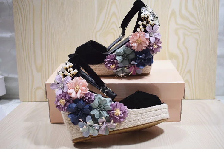 Bohemia wedges sandals Peep toe flower decor 8